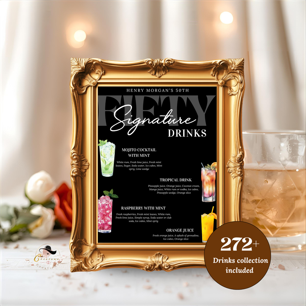 50th Birthday Signature Drink Sign, Editable Drink Menu Template, Milestone Birthday Bar Menu, Retirement Party Drinks, Canva Printable
