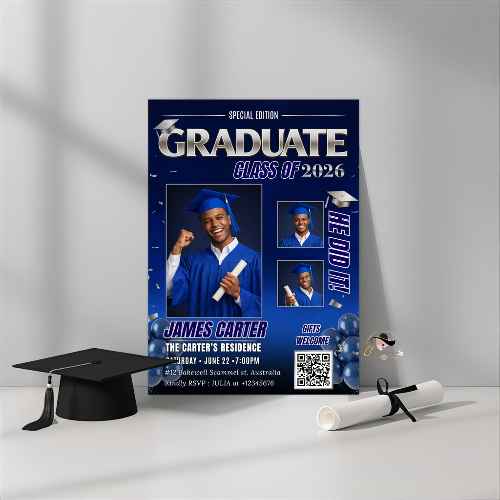 Blue Graduation Invitation, Boy Senior Grad Party with photos invite, Male College High school Graduates Announcement Card Flyer Template