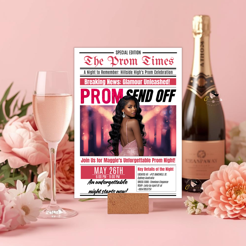 Pink Newspaper Prom Send Off Invitation, Prom Queen with photo invite, Teen Girl Prom Night Party Flyer Card, Digital Printable Template