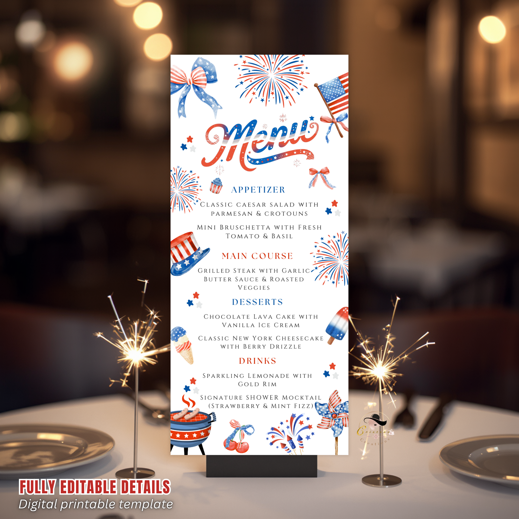 4th of July Menu Template, USA Independence Day BBQ Cookout Menu, Patriotic Dinner Brunch Party Menu, Red White Blue, Editable Printable