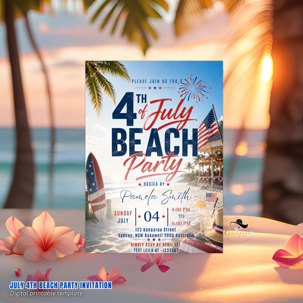 Beach Party 4th of July Invitation, USA Independence Day Summer Party Invite, Tropical Birthday Celebration Editable Digital Canva Template