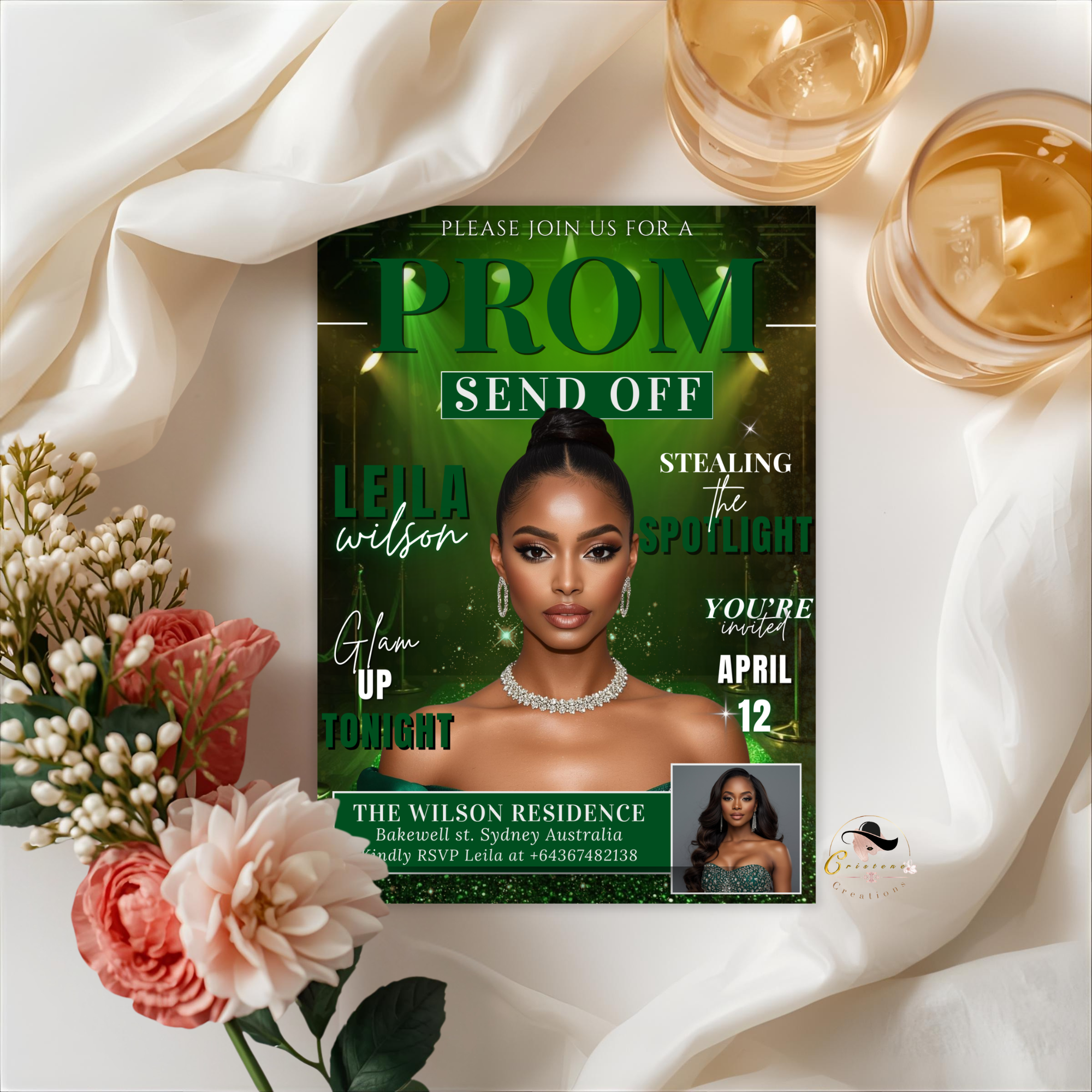 Green Prom Send Off Invitation, Prom Queen with photo invite, Girls Prom Night Party Flyer, Senior Junior Prom, Digital Printable Template