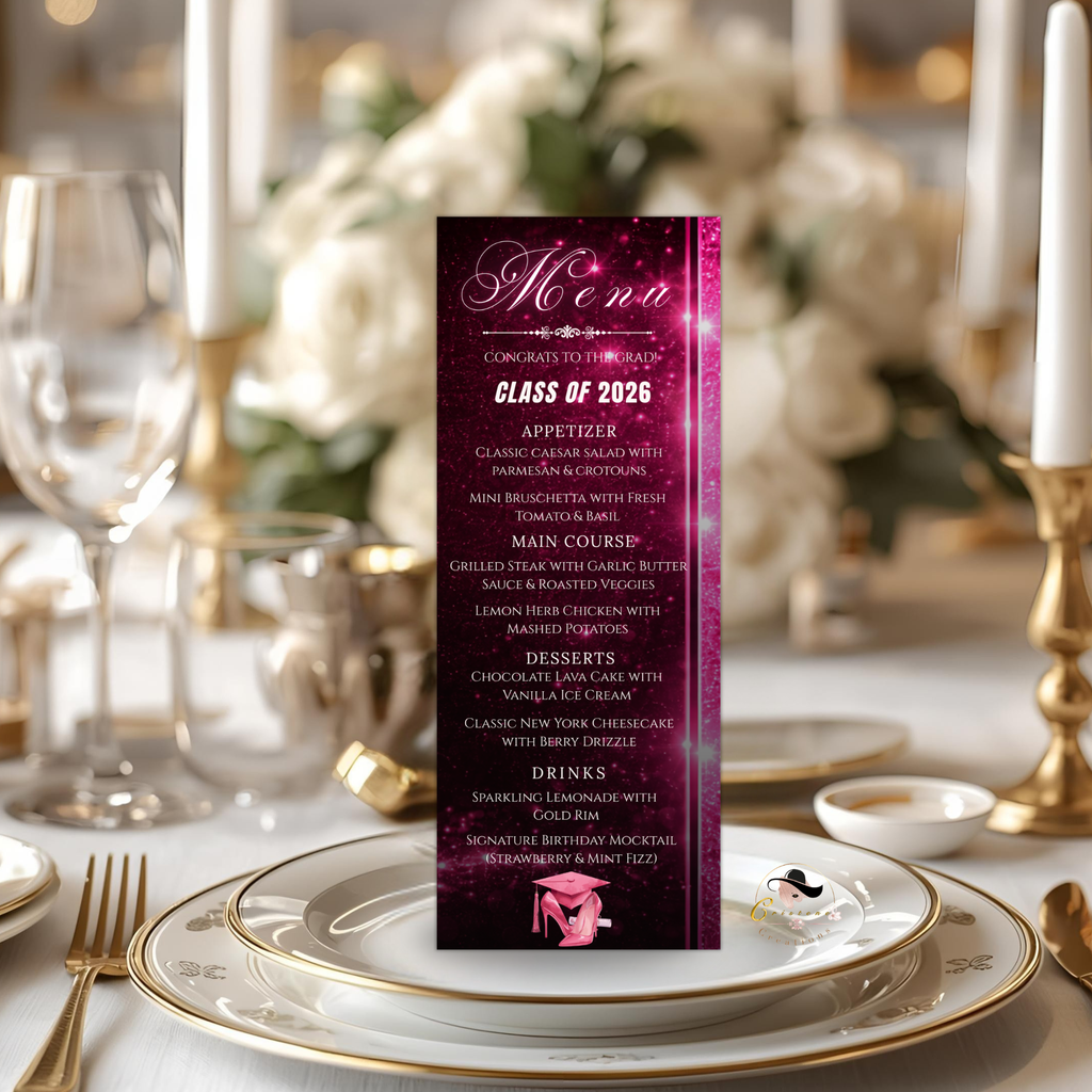 Pink Graduation Dinner Menu with Photo, Class of 2026 Menu Card, Elegant Grad Brunch Menu Template, Girl Graduates, Editable Canva Printable