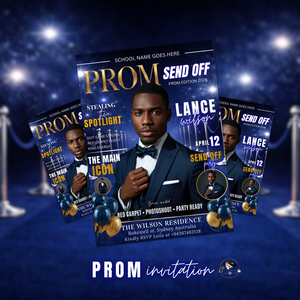 Boy Prom Send Off Party Invitation, Prom King with photo invite, Blue Prom Night Flyer Card, High School Prom Digital Printable Template