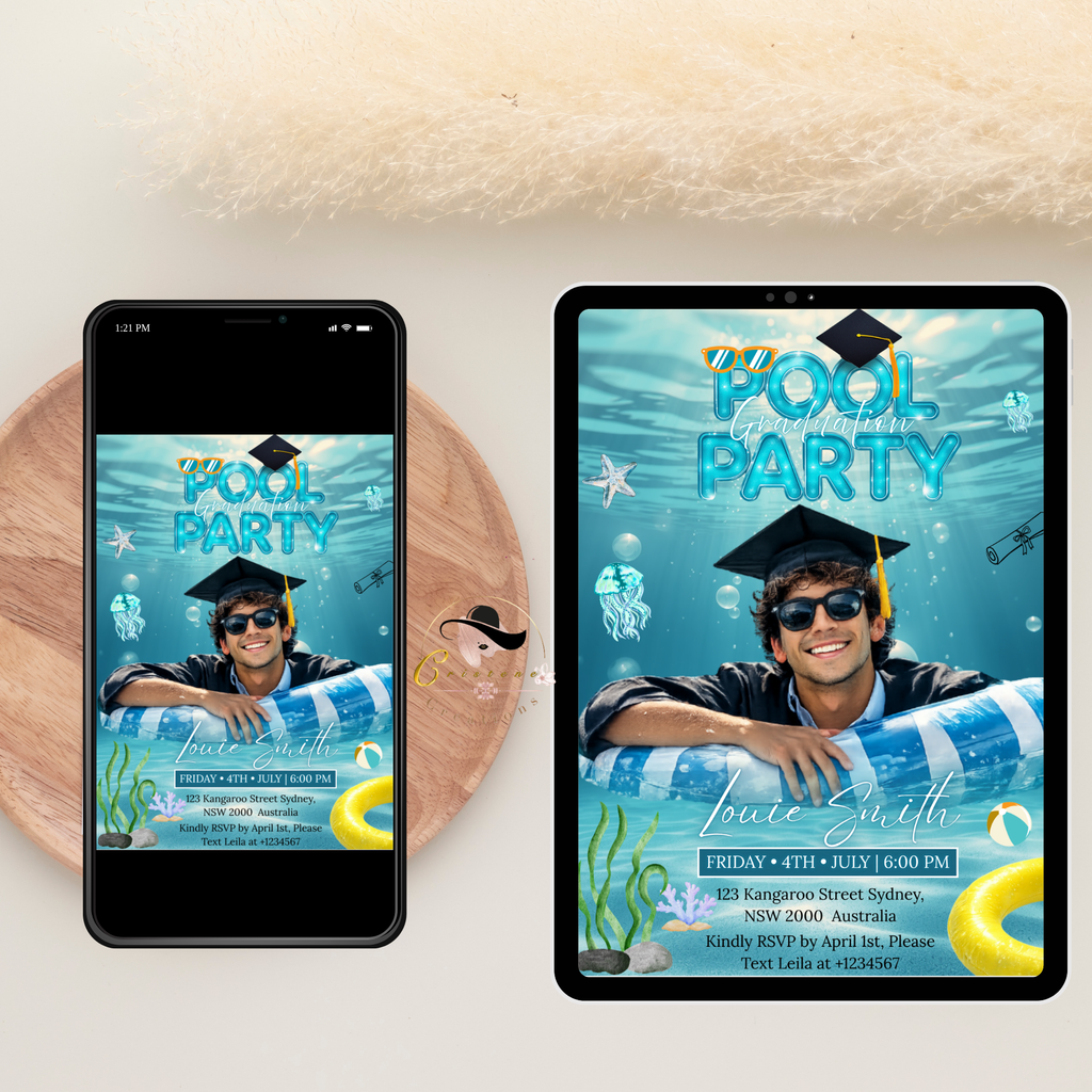 Pool Party Graduation Invitation with Photo, Summer Tropical Senior Grad Party Invite for Him and Her, Printable Editable Digital Template