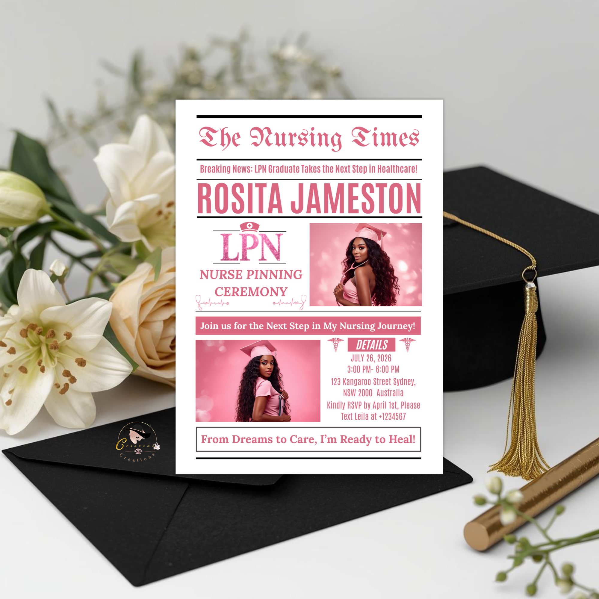 LPN Graduation Invitation Newspaper Style with Photo, Pink Nurse Pinning Ceremony Invite, Nursing Flyer Invite, Editable Canva Template