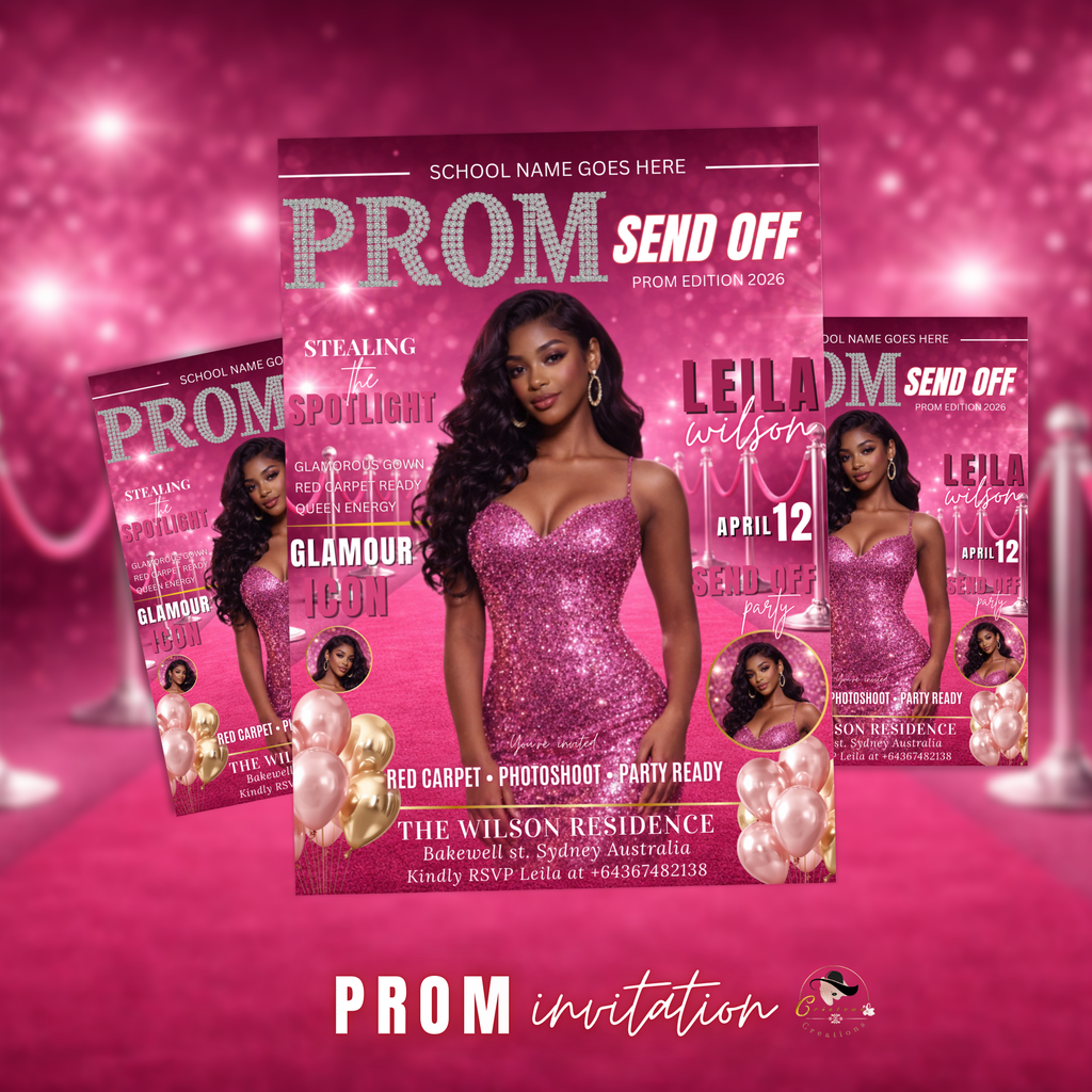 Pink Prom Send Off Party Invitation, Prom Queen with photo invite, Girls Prom Night Flyer, Glam Magazine Cover, Digital Printable Template