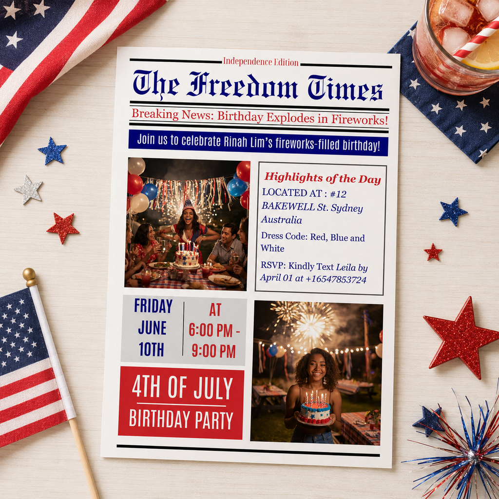 Newspaper 4th of July Birthday Invitation with Photo, Patriotic BBQ Cookout Party Invite, Dinner Brunch Invite, Printable Digital Template
