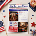 Newspaper 4th of July Birthday Invitation with Photo, Patriotic BBQ Cookout Party Invite, Dinner Brunch Invite, Printable Digital Template