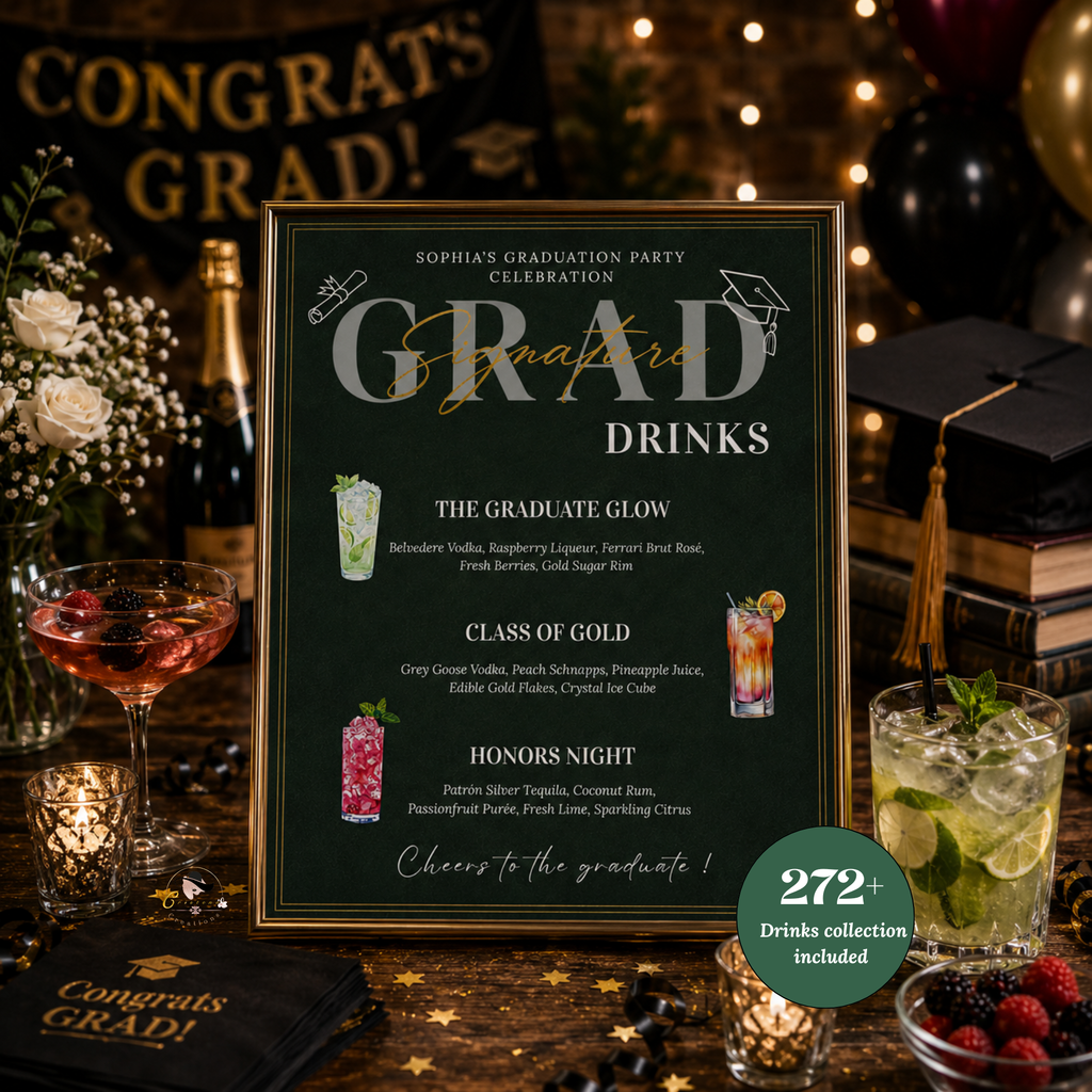 Green Graduation Drink Sign Menu, Signature Drinks Bar Menu, Senior Grad Party Soda Bar Menu Card for Him and Her, Printable Template