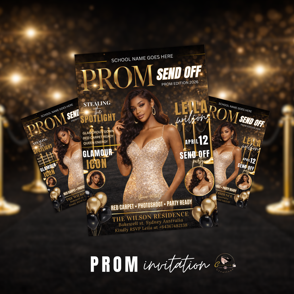 Black Gold Prom Send Off Invitation, Prom Queen with photo invite, Girls Prom Night Party Flyer, Magazine Cover, Digital Printable Template