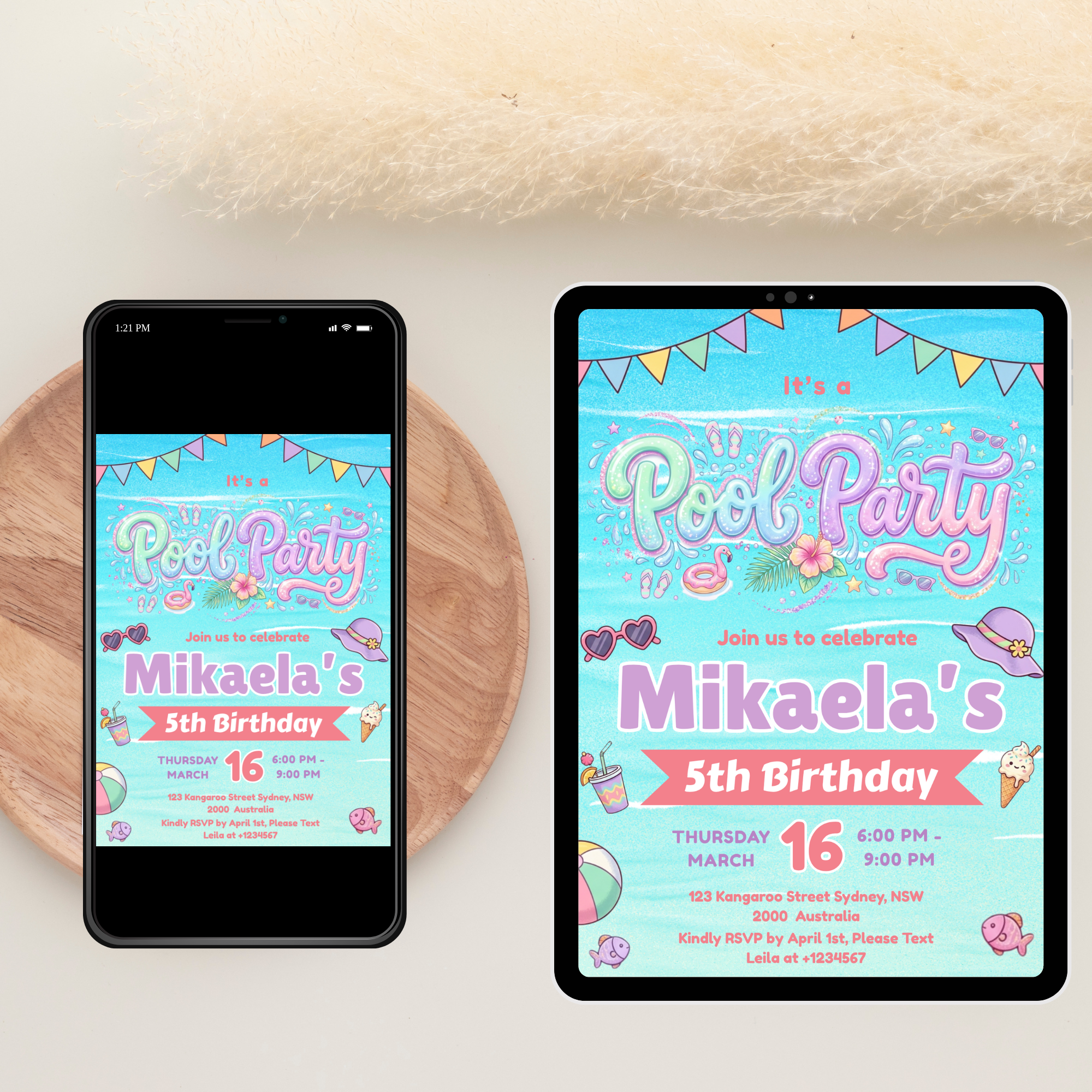 Pool Party Birthday Invitation for Girl, Kids Summer Beach Party Invite, Aloha Luau Invite, Printable Digital Editable Canva Template