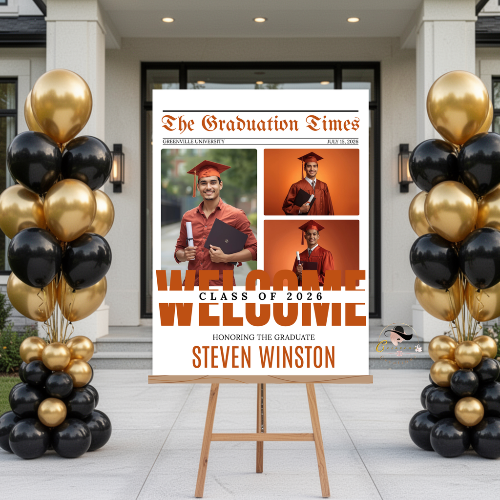 Orange Newspaper Graduation Welcome Party Sign, Boy Senior Grad Announcement Sign with photo, High School Graduates Sign, Printable Template