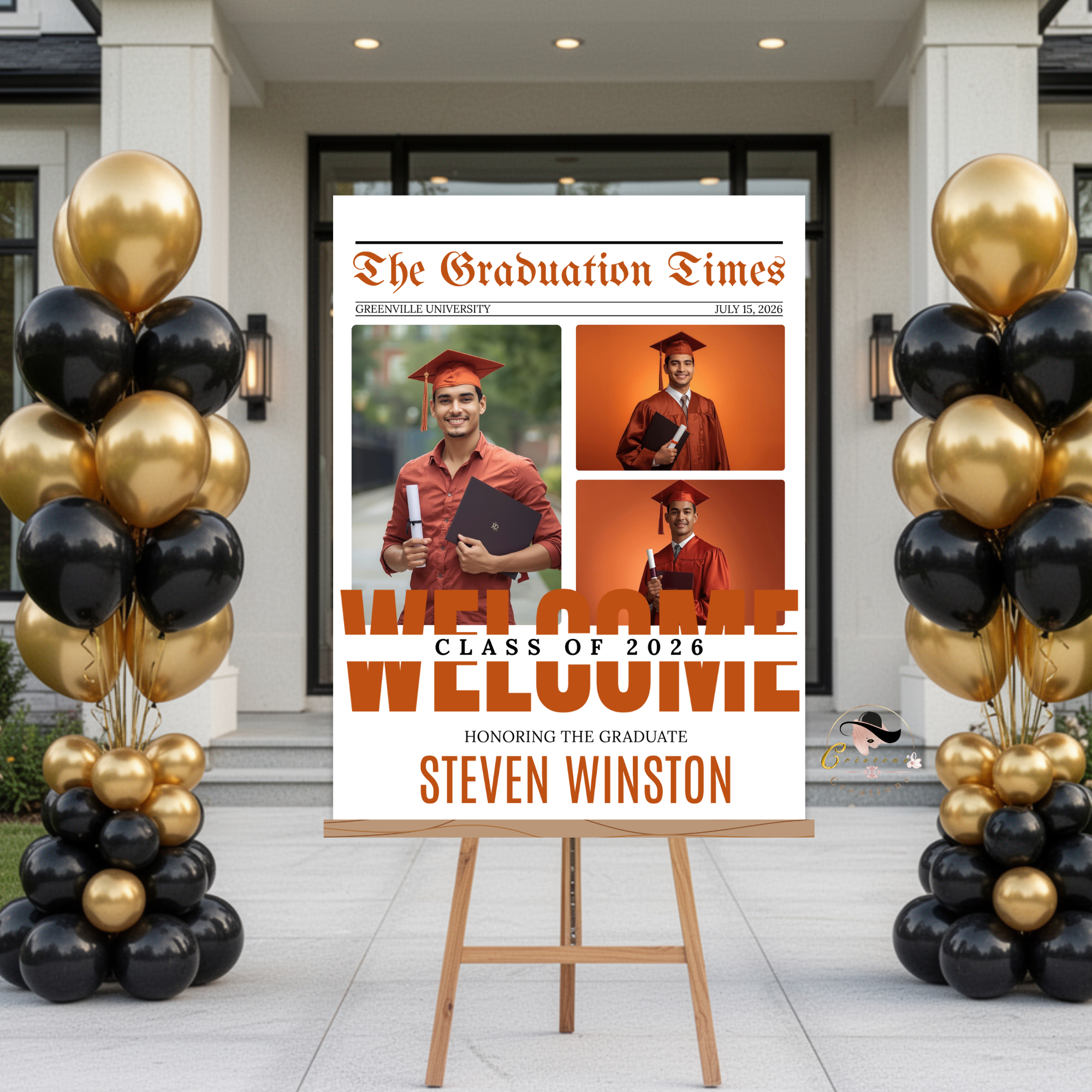 Orange Newspaper Graduation Welcome Party Sign, Boy Senior Grad Announcement Sign with photo, High School Graduates Sign, Printable Template