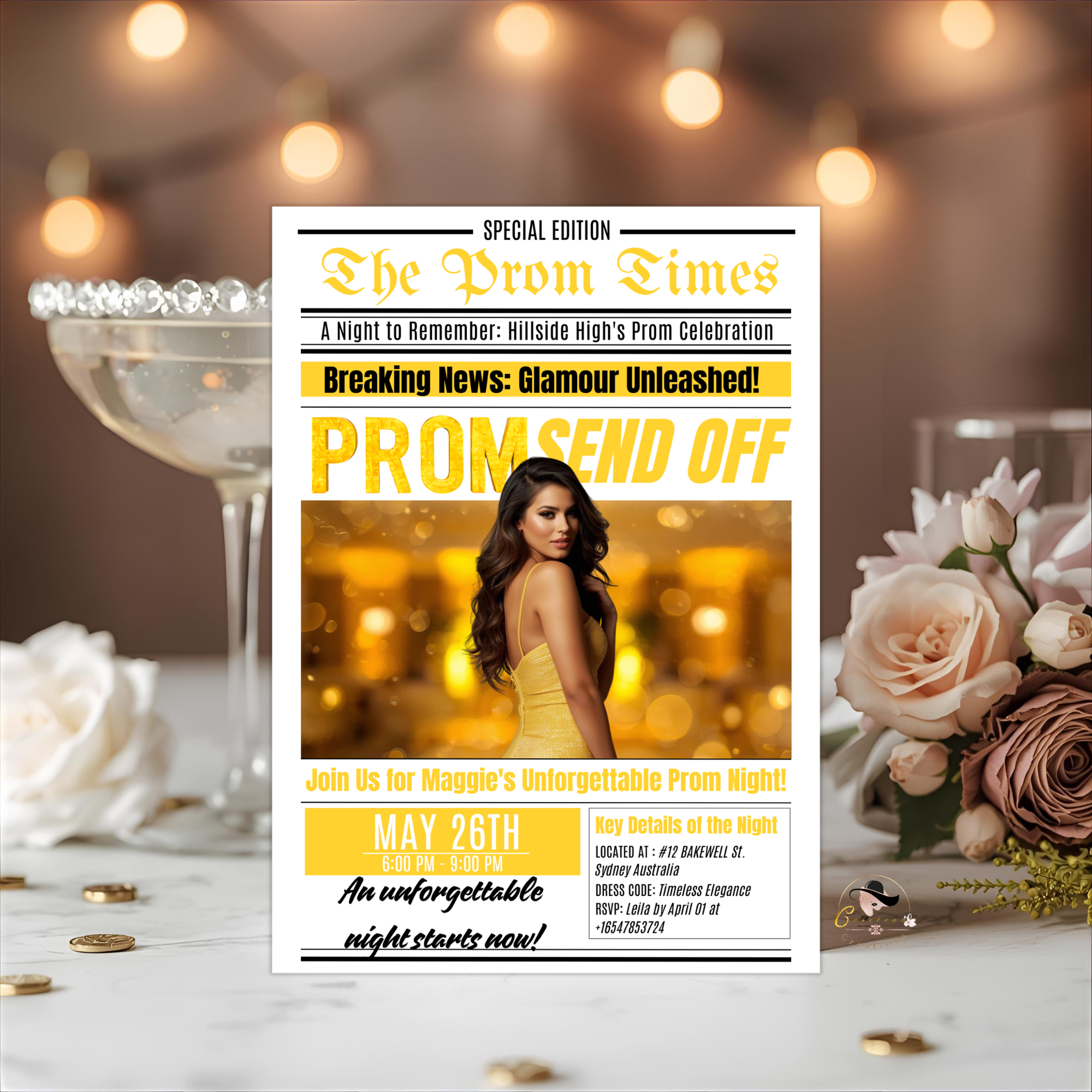 Yellow Newspaper Prom Send Off Party Invitation, Prom Queen with photo invite, Teen Boy Prom Night Flyer Card, Digital Printable Template
