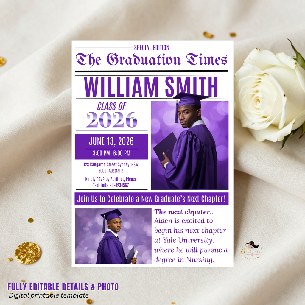 Newspaper Graduation Announcement Invitation with Photo, Senior High School Grad Invite for Boy and Girl, Class of 2026 Canva Template