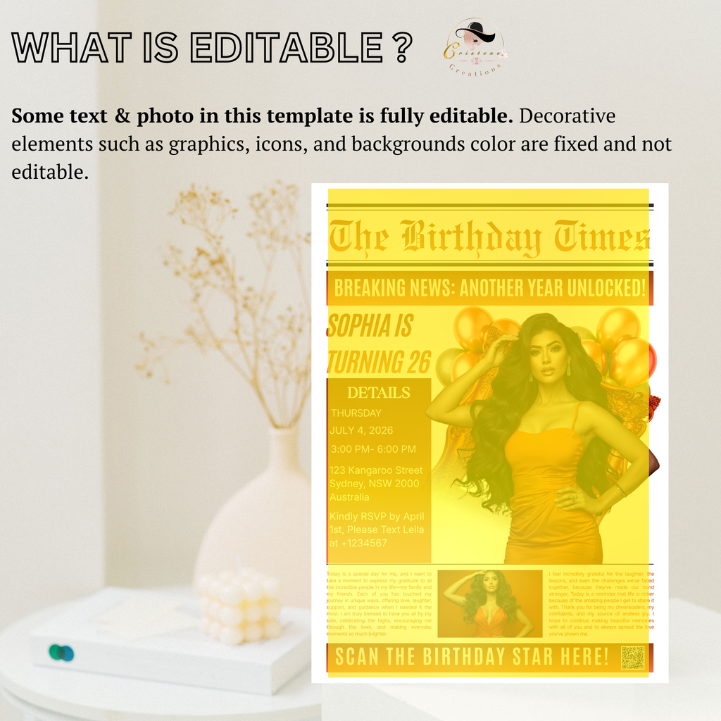 Orange Birthday Newspaper Invitation with Photo, Elegant Woman Dinner Party & Brunch Celebration Invite, Editable Canva Template