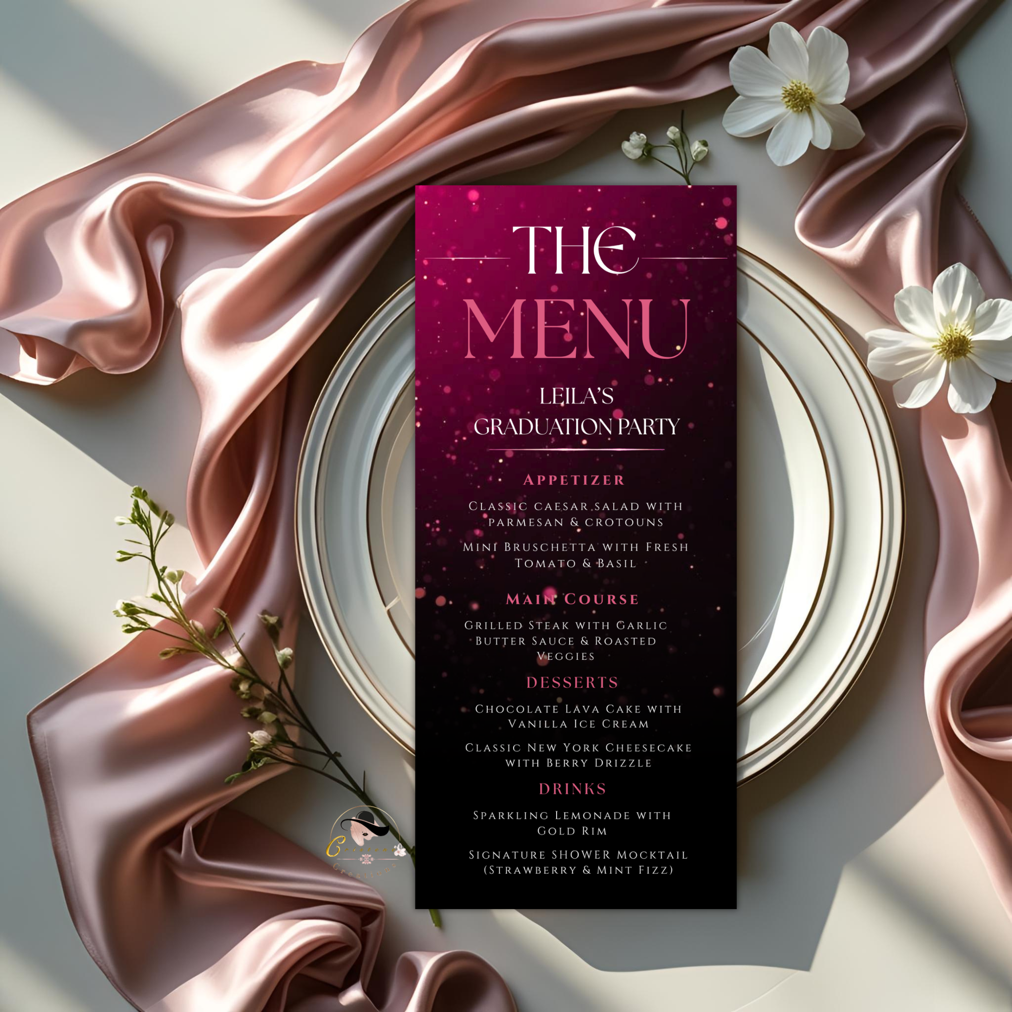 Pink Graduation Dinner Menu Template with Photo, Senior Grad Brunch Menu Card, Class of 2026 Party Menu for Her, Canva Printable