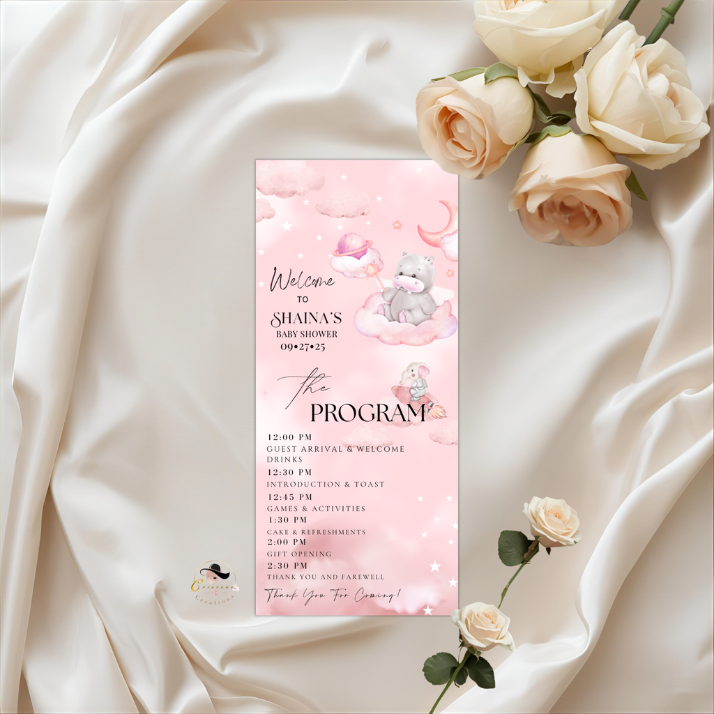 Baby Shower Menu and Program Template, Pink Cloud 9 Baby Shower, Baby Girl Theme, Timeline Schedule, Menu Card Editable Canva Printable