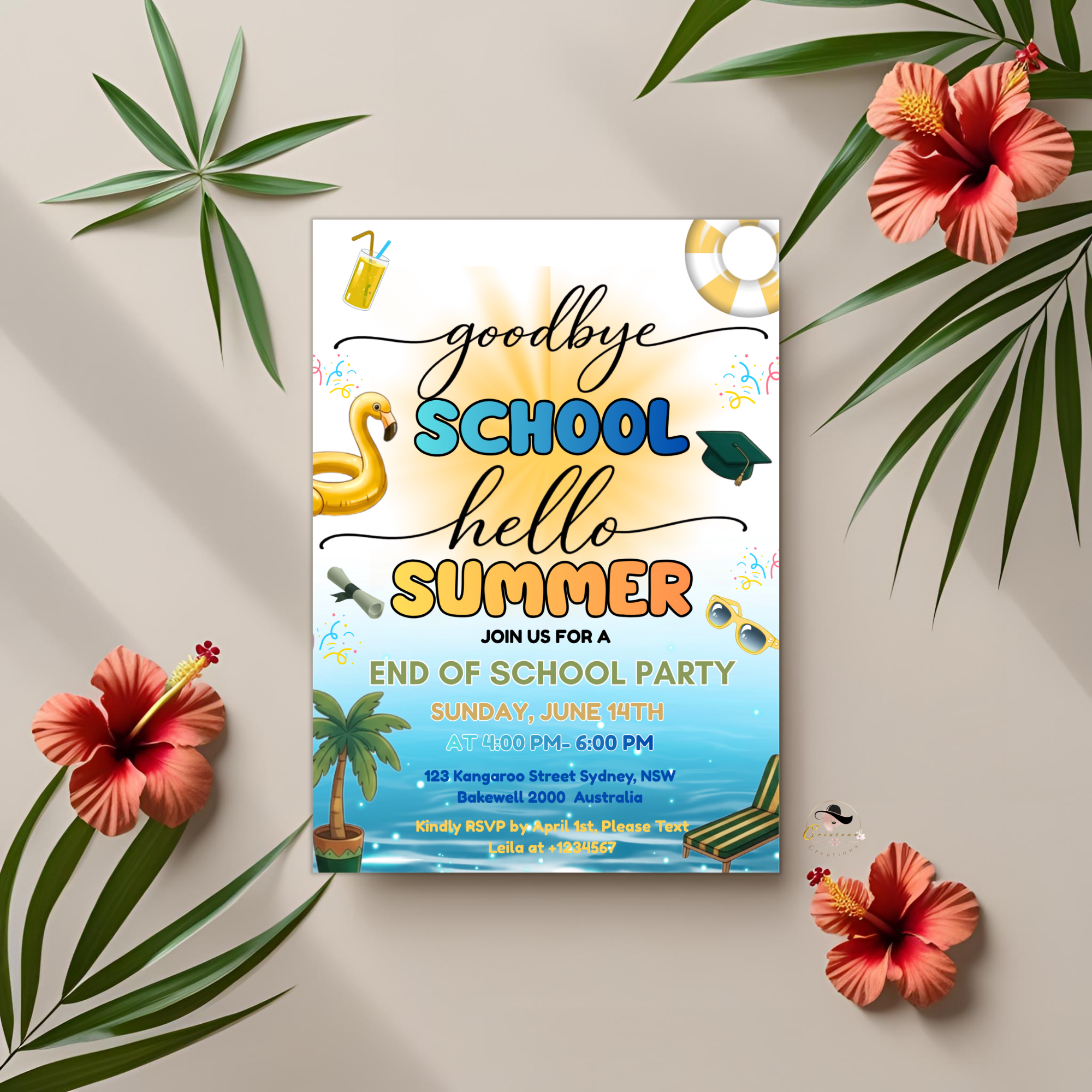 Pool Party Graduation Invitation for Kids, Hello Pool Goodbye School Summer Beach Invite, Boy Girl Printable Digital Editable Template
