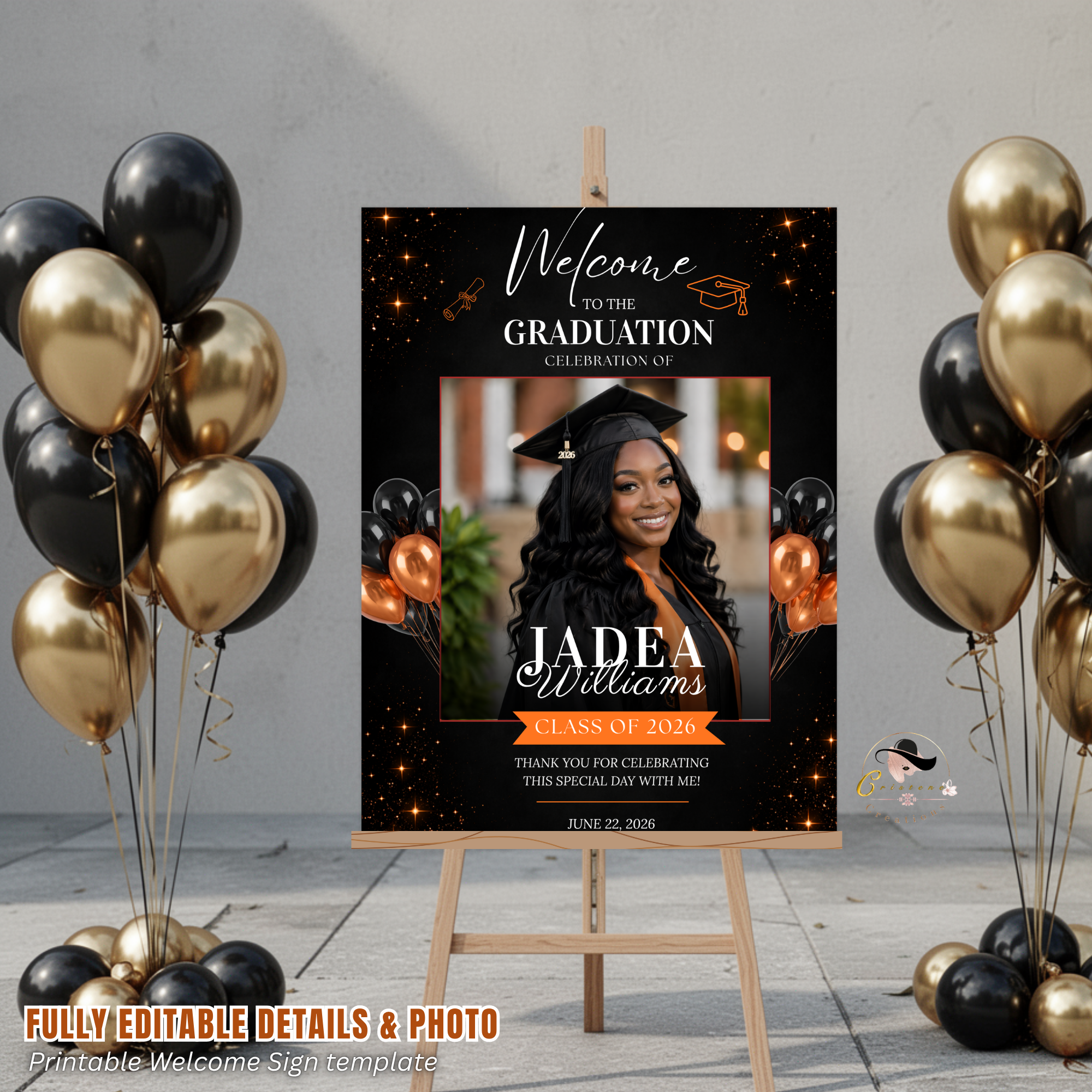 Orange Graduation Party Welcome Sign with Photo, High School College Grad Dinner Brunch Poster Sign, Editable Canva Printable Template