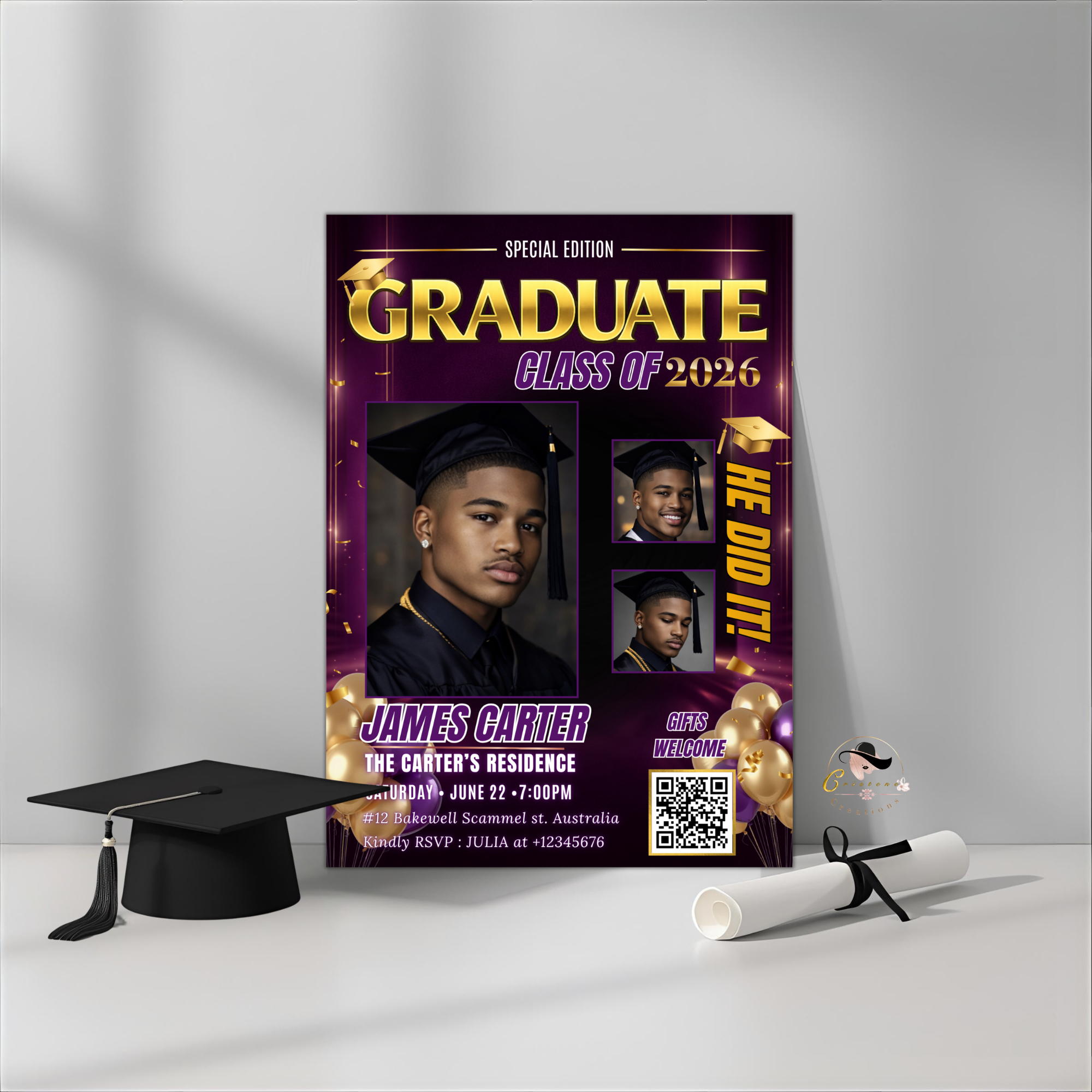Purple Graduation Invitation, Boy Senior Grad Party with photos invite, Male College High school Graduates Announcement Card Flyer Template