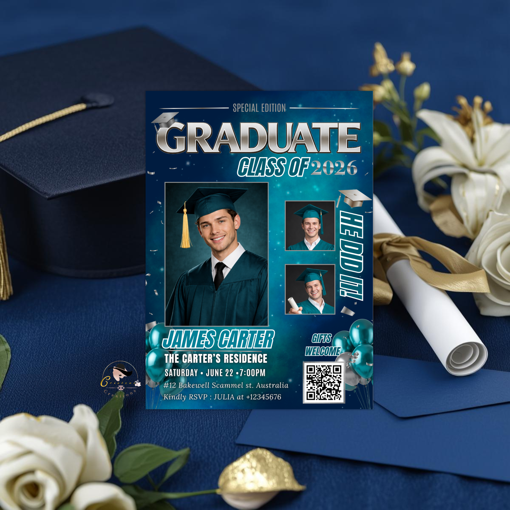 Teal Boy Graduation Invitation, Senior Grad Party with photos invite, Male College High school Graduates Announcement Card Flyer Template