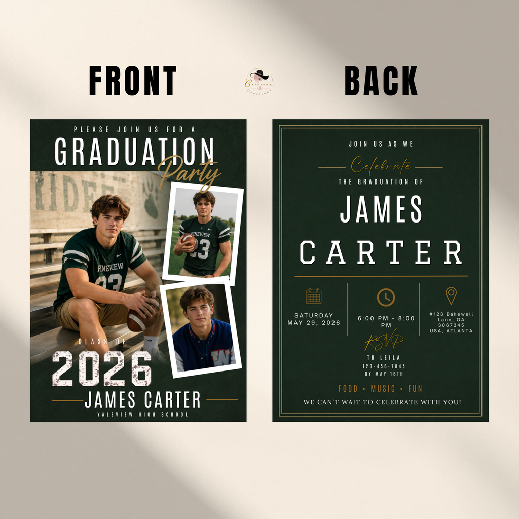 Green Graduation Invitation with Photo for Him, Class of 2026 High School College Grad Party Invite, Senior Grad Invite, Printable Template
