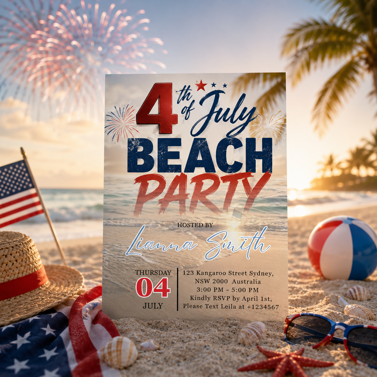 4th of July Beach Party Invitation, Patriotic Summer Birthday Invite, Tropical Fireworks Independence Day Editable Canva Digital Template