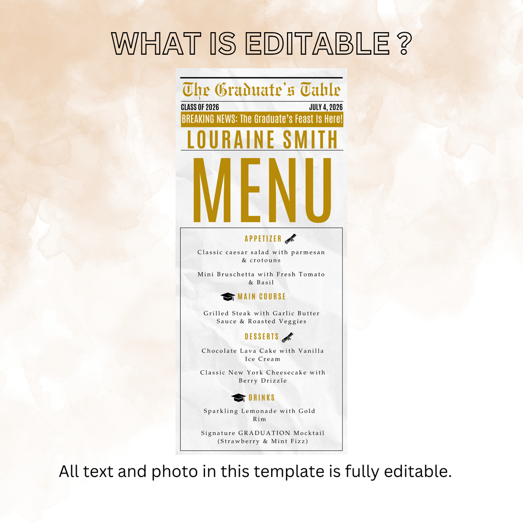 Graduation Newspaper Menu Template, Editable Grad Dinner or Brunch Menu, Class of 2026 Printable for Him and Her, White Gold Menu