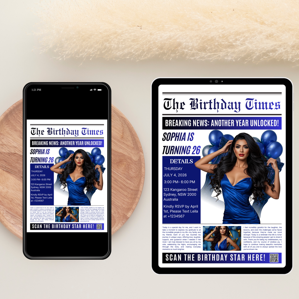 Birthday Newspaper Invitation with Photo, Elegant Dinner Party & Brunch Celebration Invite For Him and Her, Blue Editable Canva Template