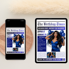 Birthday Newspaper Invitation with Photo, Elegant Dinner Party & Brunch Celebration Invite For Him and Her, Blue Editable Canva Template