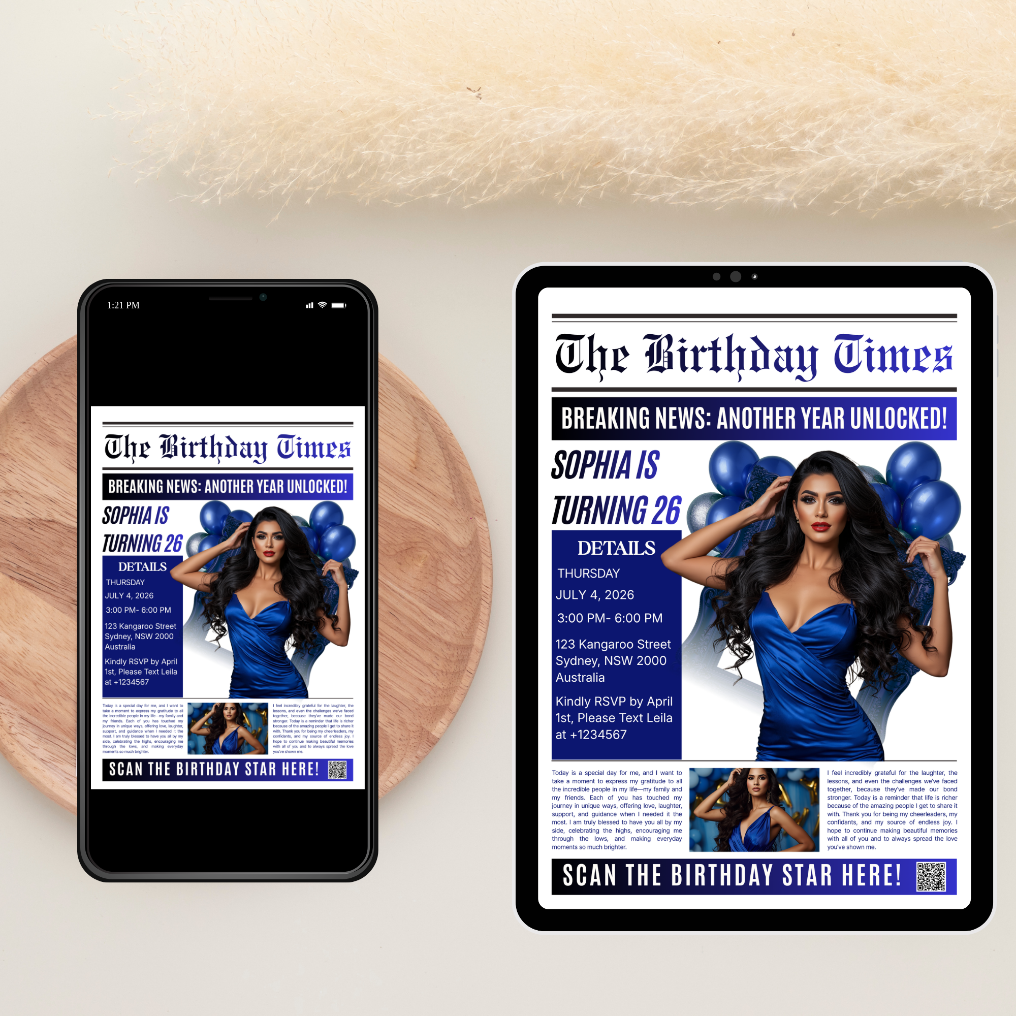 Birthday Newspaper Invitation with Photo, Elegant Dinner Party & Brunch Celebration Invite For Him and Her, Blue Editable Canva Template