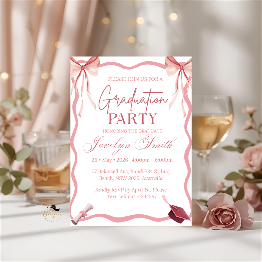 Pink Coquette Graduation Invitation 2026, Senior Grad Party Announcement with photo invite, Bow Theme College Graduates Printable Template