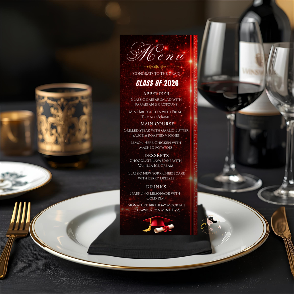 Red Graduation Menu Template with Photo, Class of 2026 Menu Card, Elegant Senior Grad Party Menu for Him and Her, Editable Canva Printable