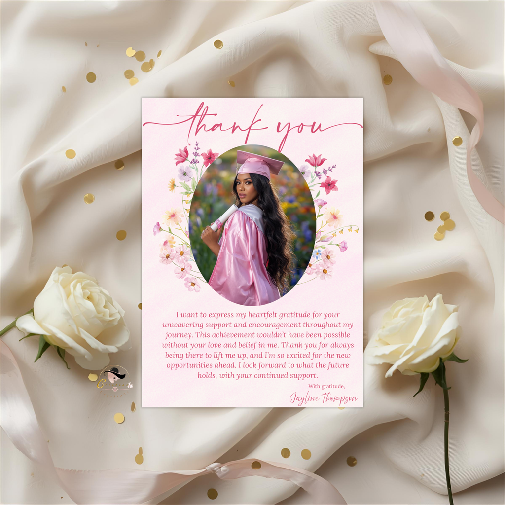 Pink Wildflower Graduation Thank You Card, Senior Grad Party Thank you with photo note, Birthday Thank You Cards, Digital Printable Template
