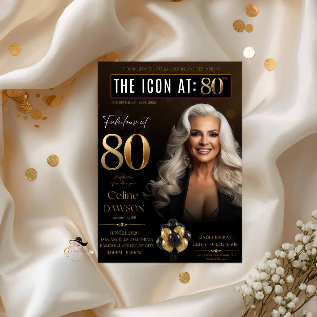 Black Gold 80th Birthday Invitation, 80 and Fabulous with photo Invite, Elegant Birthday Party Dinner Brunch, Digital Printable Template