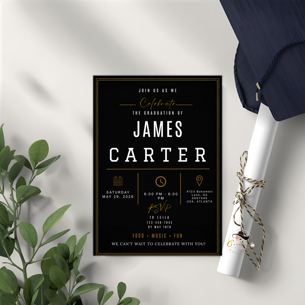 Graduation Invitation with Photo for Him, Class of 2026 Grad Announcement, High School College Grad Party, Black Printable Editable Template