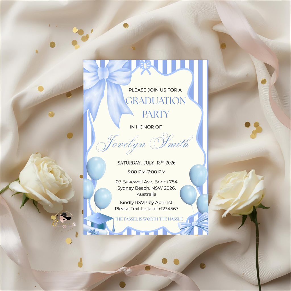 Blue Coquette Graduation Party Invitation, Senior Grad Announcement with photo invite, Bow Theme University Graduates Printable Template