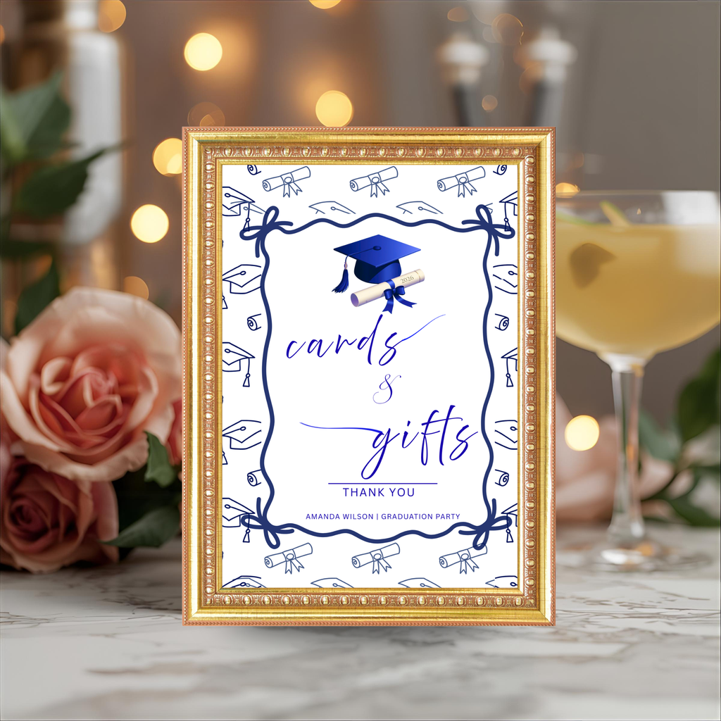 Blue Coquette Graduation Table Signs Bundle, Senior Grad Favor sign, College Fund Sign, Food Sign, Graduates Party Decor Printable Template