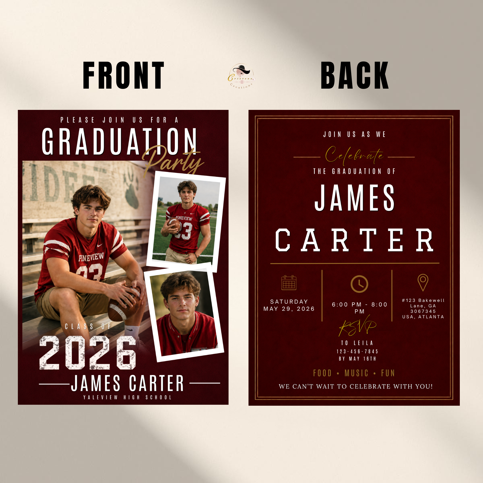 Red Graduation Invitation with Photo for Him, Sporty Boy Grad Announcement Invite, Class of 2026 Senior Grad Party, Printable Template