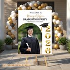 Boy Graduation Welcome Party Sign, Male Senior Grad Announcement Poster Sign with photo, Class 2026 Men Graduates Sign Printable Template