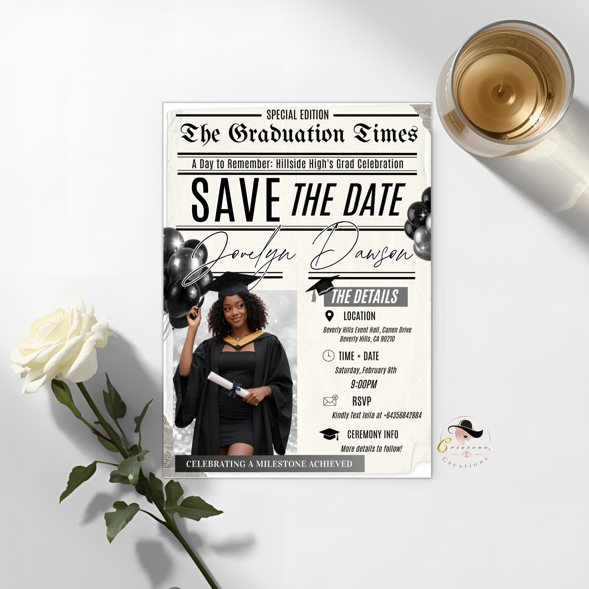 Graduation Save the Date with Photo Invitation, Newspaper Theme Grad Invite, Class of 2026 Girl Boy Invite, Editable Canva Template