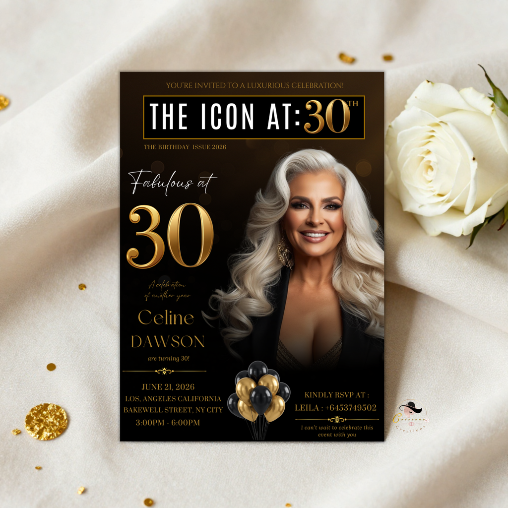 Black Gold 30th Birthday Invitation for Man and Woman, 30 and Fabulous, Elegant Birthday Dinner Invite, Photo Invitation Card Template