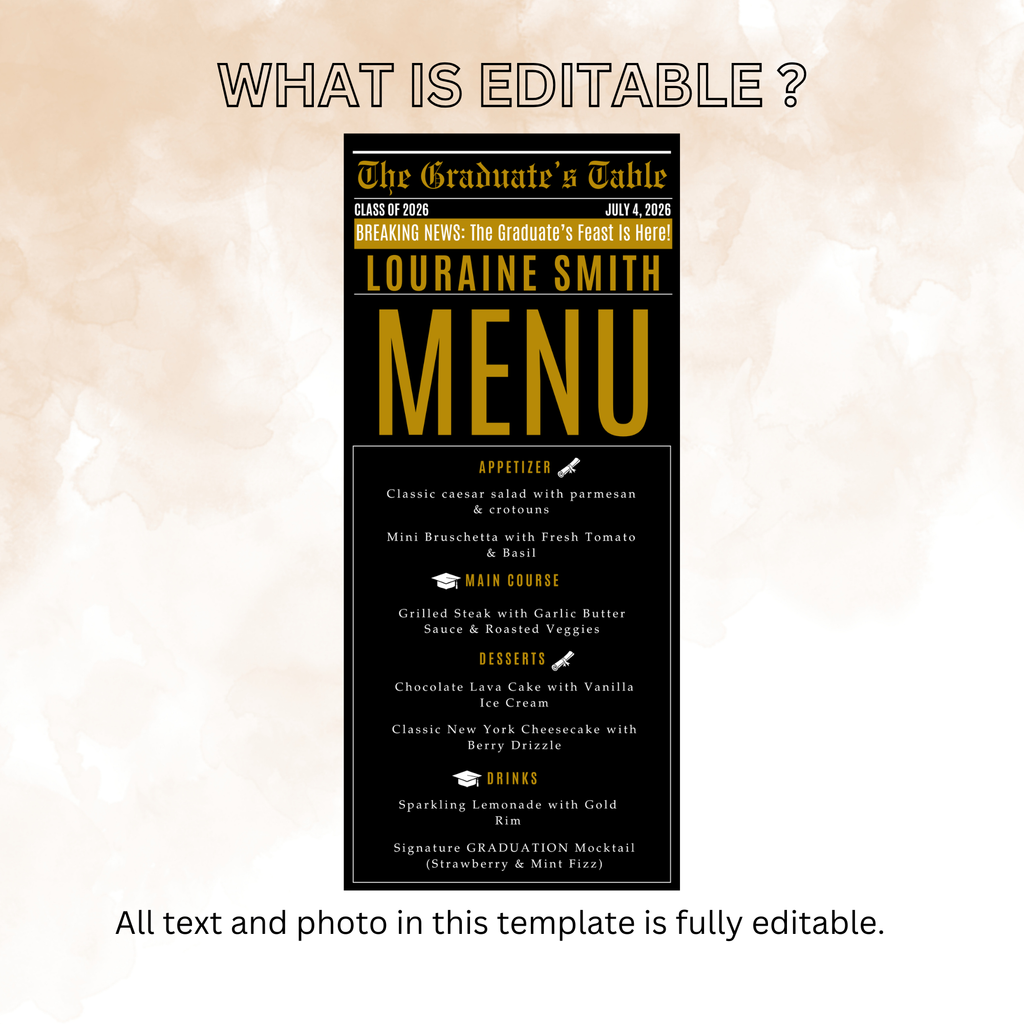Black Gold Graduation Newspaper Menu, Class of 2026 Dinner Brunch Menu Template, Printable for Him and Her High School College Menu Card