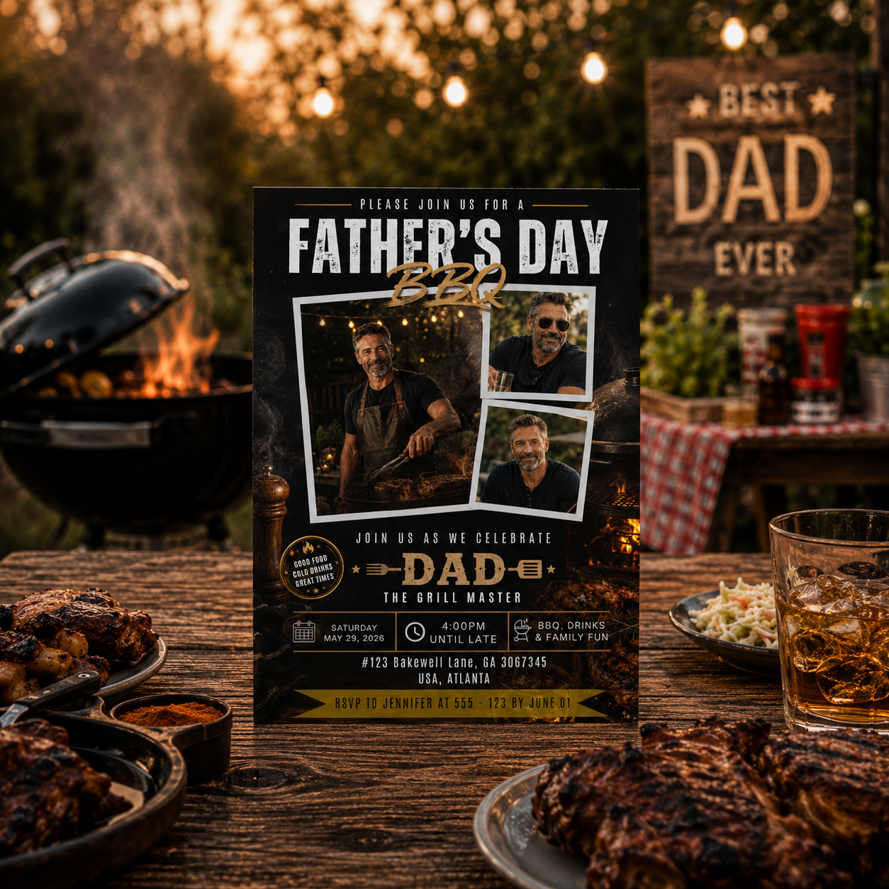 Father’s Day BBQ Party Invitation with photo, Dad Barbecue Cookout Invite, Grill Summer Invite, Black Gold Printable Editable Canva Template