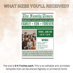 Newspaper Family Reunion Invitation with Photo, Family Gathering Party Celebration Invite, Green Printable Editable Canva Template