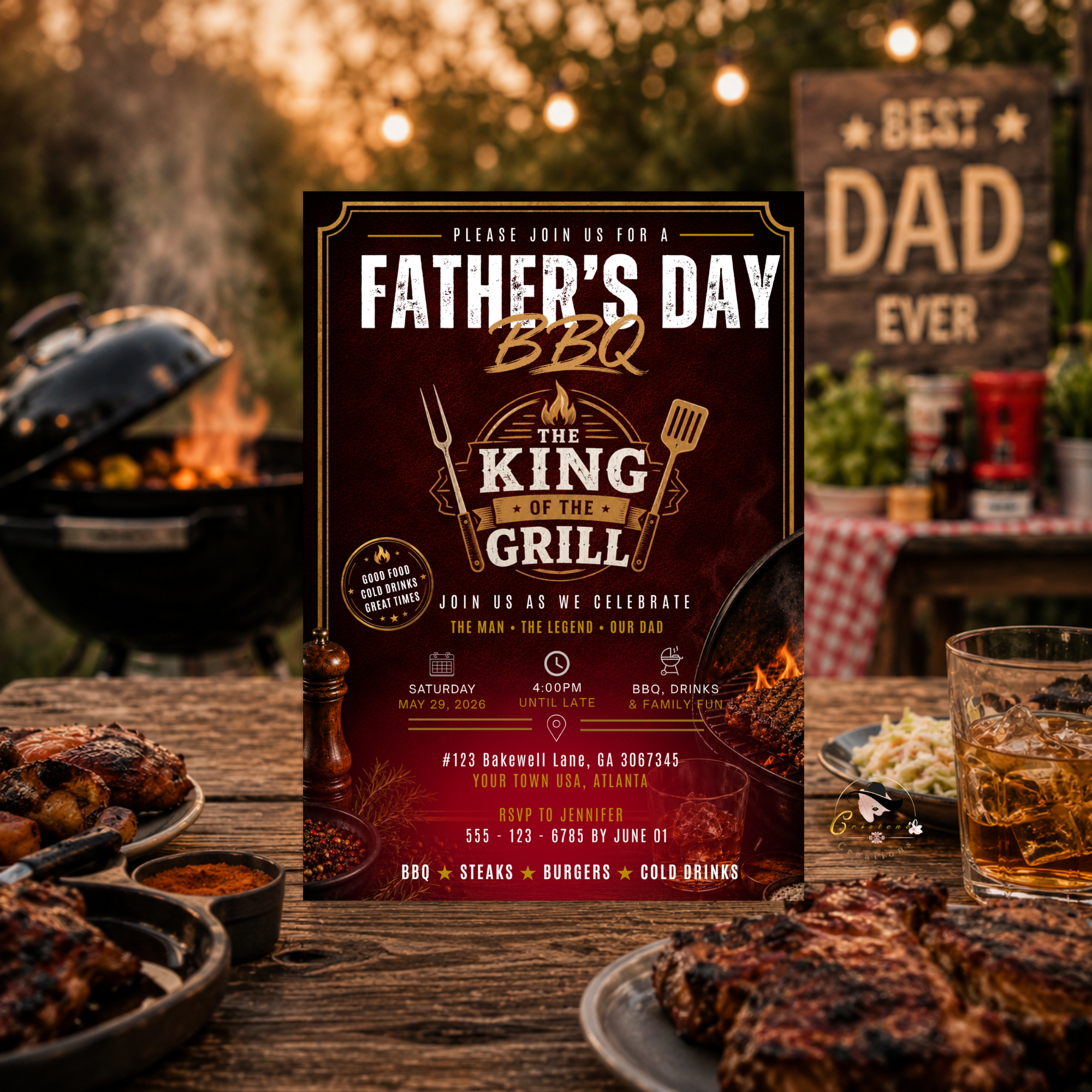 Father’s Day Backyard BBQ Invitation, Summer Grill Party for Dad, Birthday Barbecue Invite for Him, Red Editable Printable Canva Template