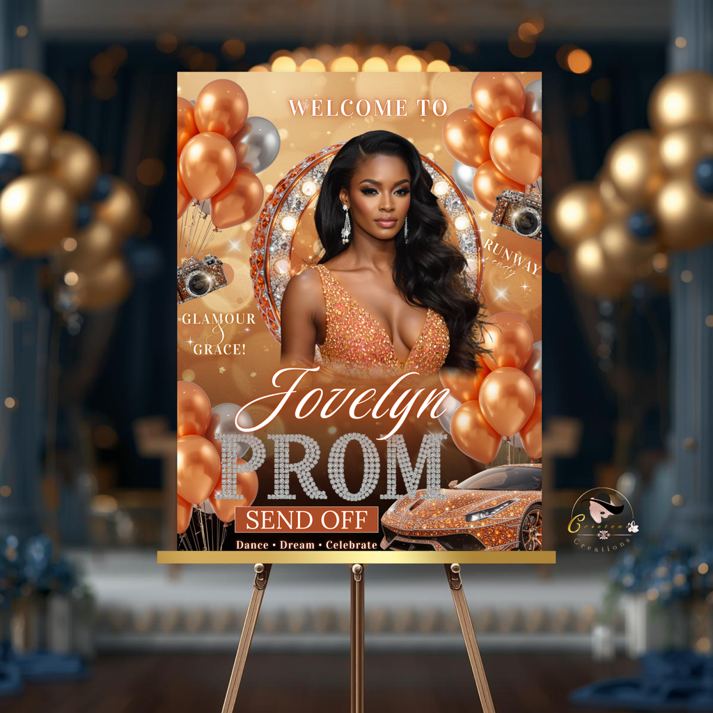 Orange Prom Send Off Welcome Party Sign, Prom Queen Poster Sign with photo, Elegant Party Board Sign, Senior Junior Night Printable Template