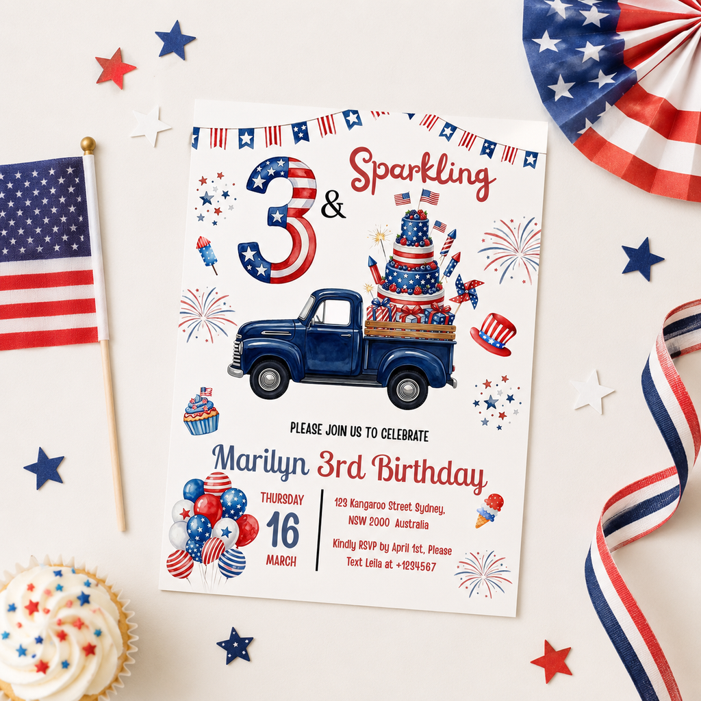 4th of July Birthday Invitation for Kids, Patriotic Pool Party Invite, Fourth of July Invite, Red White Blue Printable Digital Template